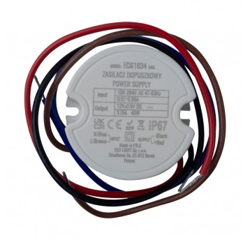 Zasilacz do puszki fi60 3,75A 45W 12V IP67 50x22