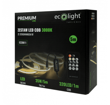 ZESTAW Taśma LED COB 320 24V 7W/m 3000K IP20 /5m/